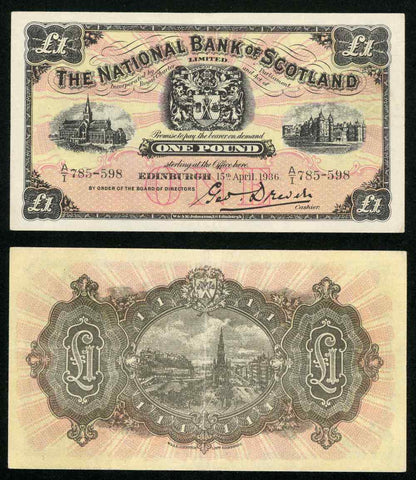 1936 The National Bank of Scotland One Pound Sterling Banknote P# 258a XF++