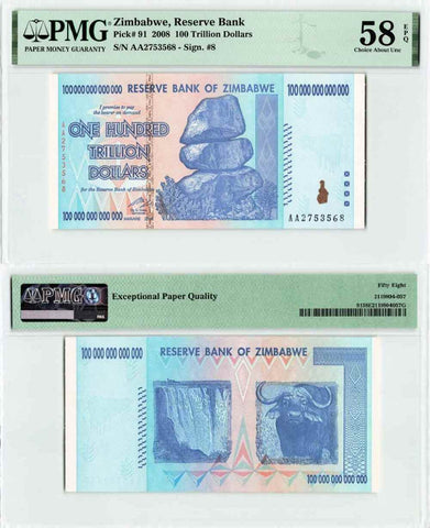 2008 Zimbabwe 100 Trillion Dollar Banknote P 91 Victoria Falls Buffalo AU58 EPQ