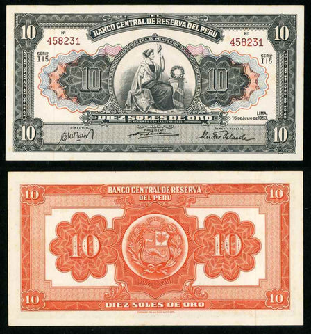 1953 Central Reserve Bank of Peru 10 Soles Banknote Pick Number71a Choice UNC 63