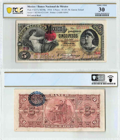 1910 Banco Nacional De Mexico Five Pesos Banknote Series N4 P #S257c PCGS VF 30