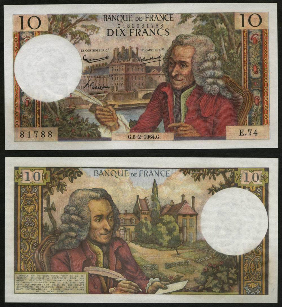 1964 France 10 Francs Currency Note Voltaire Pick Number 147a – Giamer ...