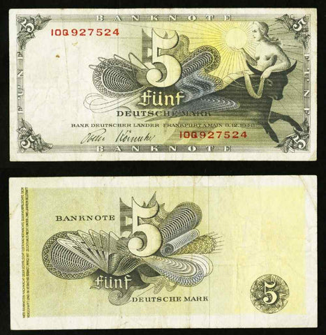 December 9, 1948 Germany Federal Republic 5 Mark Banknote Europa & Bull P# 13 VF