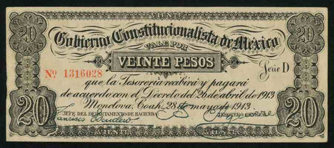 Monclova 1913 Twenty Pesos