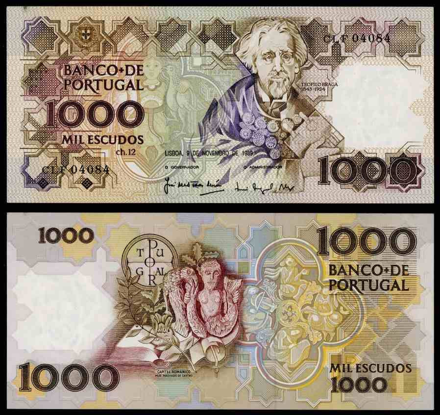 1989 Portugal 1000 Escudos An About Uncirculated Banknote