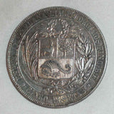 1880 BF Crown Size Silver Coin from Peru Five Pesetas Lima Mint Woman's Head Left Choice Extremely Fine or Much Better