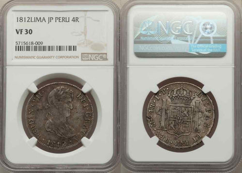 1812 Peru Silver Coin Lima Mint Assayer JP 4 Reales King Ferdinand VII NGC VF 30