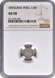 Nice 1855 Lima Peru Republic Coinage Small Silver Coin 1/4 Real NGC AU 58