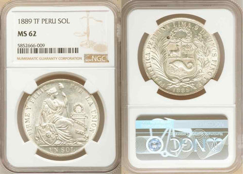 Uncirculated 1889 Crown Size Republic of Peru Silver Coin One/Un Sol NGC MS62