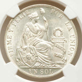 Uncirculated 1889 Crown Size Republic of Peru Silver Coin One/Un Sol NGC MS62