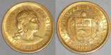 Scarce 1908 Peru Gold Coin Libra or Pound Lima Mint Native Head Facing Right AU+