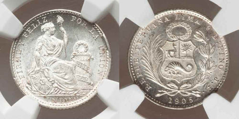 Lustrous 1905 JF Small Size Silver Coin Republic of Peru One Dinero NGC MS 66