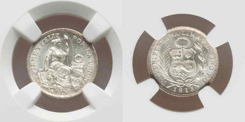Uncirculated 1913 FG Small Size Silver Coin Republic Peru Half Dinero NGC MS64