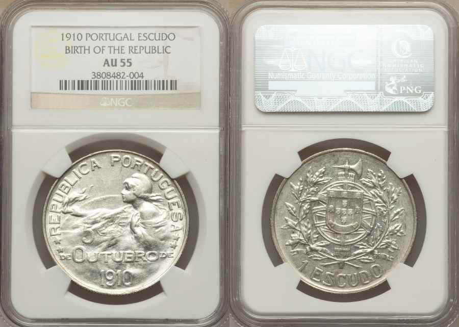 Crown Size Silver Coin from Portugal 1910 Escudo NGC AU55