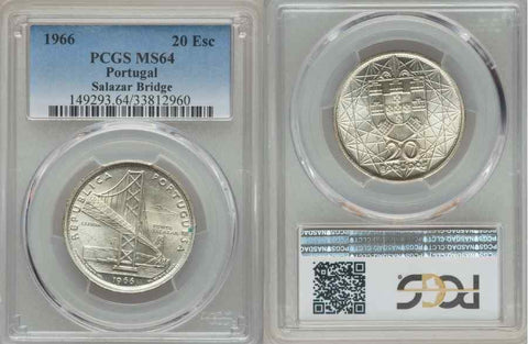 Beautiful Silver Coin from Portugal 1966 PCGS MS64 20 Escudos Commemorative Opening of Salazar Bridge