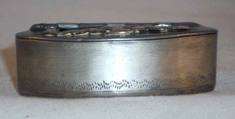 Rare Antique English Oval Pewter Pocket Snuffbox Brass Decorated Hinged Lid