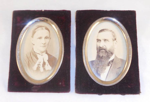 Pair of Antique Black and White Photographs of Man and Woman Velour and Oval Metal Framing