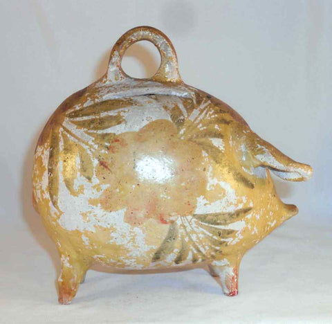 Antique Painted Chalkware Still Penny Bank Large Pig Standing on All Four