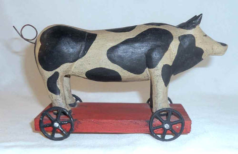 1989 Hand Carved Painted Wood Primitive Folk Art Pig Pull Toy Wheels Signed S.B.