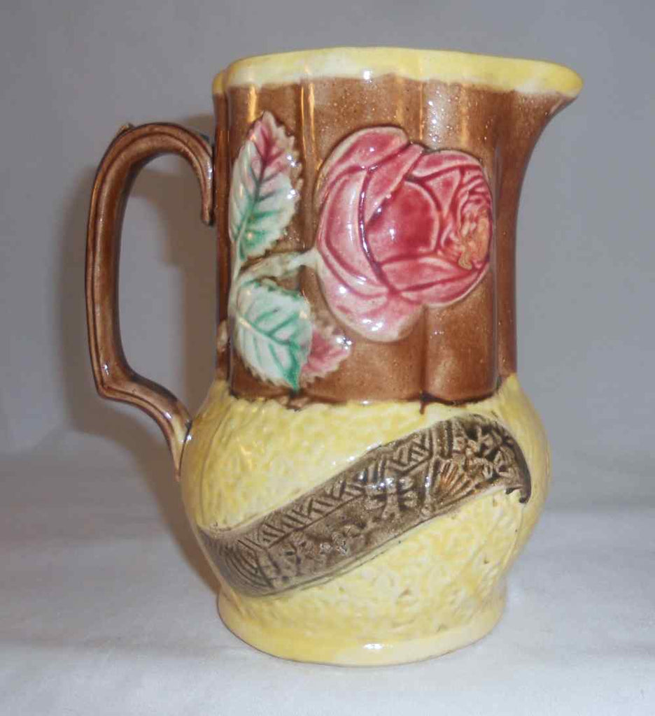 Antique Majolica Brown and Yellow Pitcher Red Rose Pattern English Reg ...