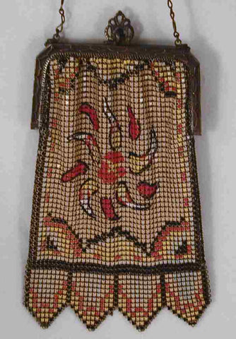Whiting Davis Antique Mesh Purse Yellow Enamel with Floral 