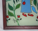 1976 Framed Folk Art Reverse Painting on Glass David Gottshall Girl w/ Doll Cat
