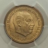 Aluminum-Bronze Coin from Spain 1947 One Peseta (1953) Francesco Franco Bust Facing Right Uncirculated PCGS MS64