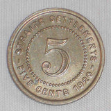 1920 Copper-Nickel Coin 5 Cents Straits Settlement Malaya George V England XF/AU