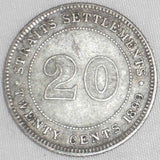 1899 Silver Coin 20 Cents Straits Settlements Malaya Peninsula Queen Victoria XF