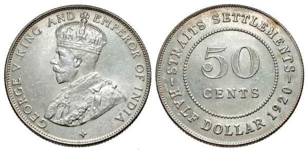 1920 Silver Coin Fifty Cents Half Dollar Straits Settlements Malaya