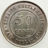 1908 Silver Coin Fifty Cents Half Dollar Straits Settlements Malaya Edward VII