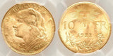 1922 B Beautiful Gold Coin Switzerland Swiss Confederation Ten Francs MS 65