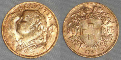 1927B Beautiful Gold Coin Switzerland Swiss Confederation Twenty Francs AU