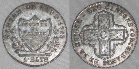 Nice 1828 Billon Coin From Switzerland Swiss One Batzen Canton Vaud AU+