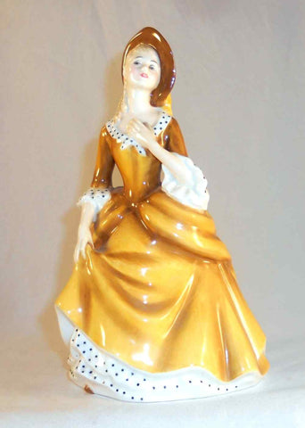 Vintage Bone China Colorful English Royal Doulton Figurine Woman in Yellow Brown Dress Wearing Hat "Sandra" NH2275