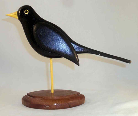 Hand Carved Painted Wood Folk Art Black Bird Yellow Beak Ken Searfoss Oley PA