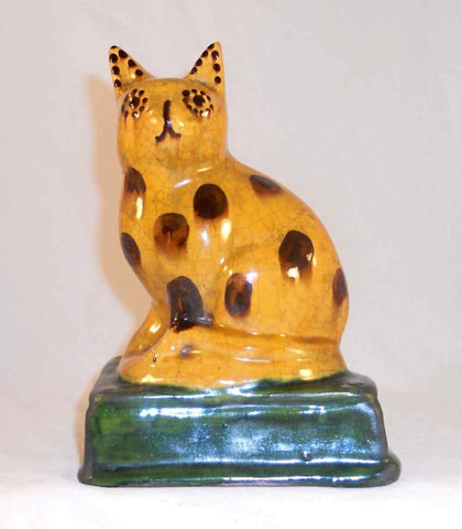 Unusual 2000 Shooner Glazed and Colorful Redware Large Seated Cat Figurine