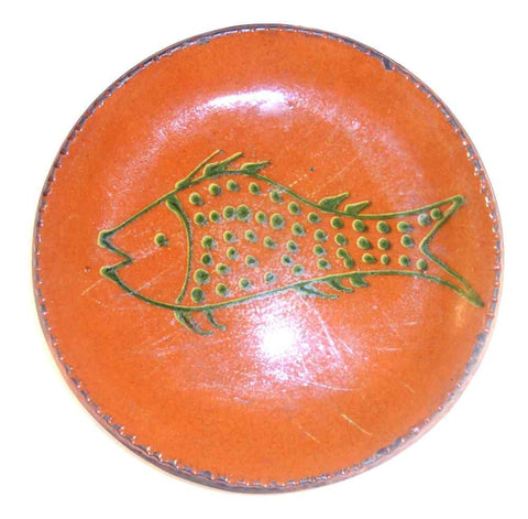 Beautiful 1999 Greg Shooner Redware Brown Pie Plate Green Fish Slip Decoration