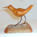Hand Carved Folk Art Shore Bird with Glass Eyes Standing on Driftwood By Tom Morris