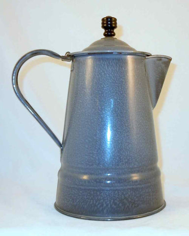Antique Agateware Graniteware Lidded Coffee Pot or Water Pitcher w/ Wood Finial
