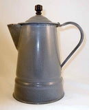 Antique Agateware Graniteware Lidded Coffee Pot or Water Pitcher w/ Wood Finial