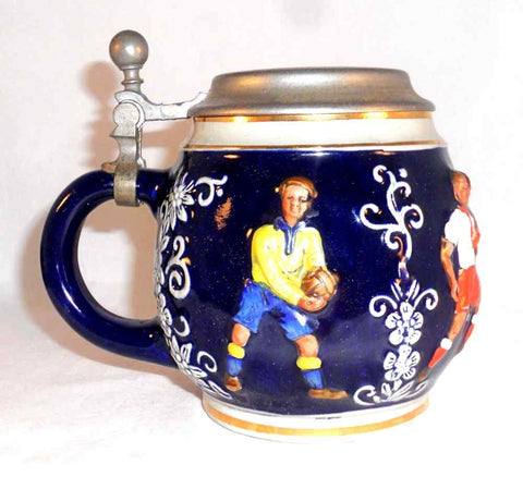 Vintage Cobalt Blue Glazed Stoneware Stein Raised Colorful Soccer Players Design With Pewter Lid Marked MR Made in Germany
