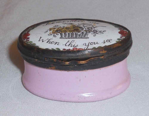 Antique Battersea England Enameled Moto Oval Box "Remember Me When This You See"
