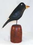 2018 Hand Carved Polychrome Painted Wooden Primitive Black Colored Crow Wire Legs Yellow Beak By Daniel and Donna Strawser