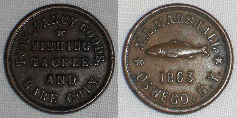 1863 Civil War Store Copper Token ML Marshall Oswego NY Fishing Tackle Rare Coin