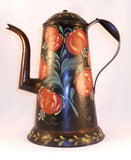 Vintage Primitive Painted Tin Toleware Pennsylvania Dutch Coffee Pot Colorful Fruits and Leaves