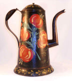 Vintage Primitive Painted Tin Toleware Pennsylvania Dutch Coffee Pot Colorful Fruits and Leaves