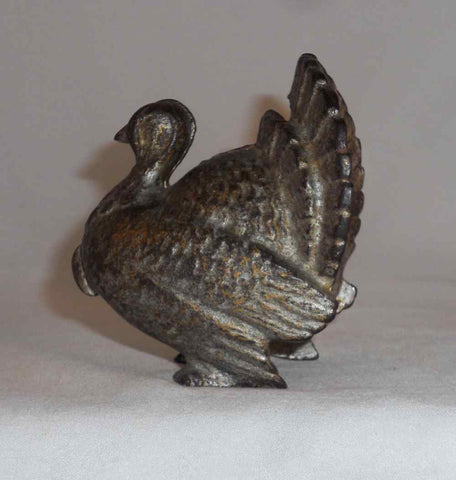 Antique Figural Cast Iron Silver Colored Still Penny Bank Small Turkey Standing