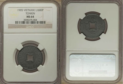 1905 Tonkin Vietnam Zinc Coin 1/600 Piastre Square Central Hole Uncirculated NGC MS 64