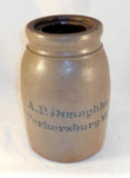 Antique Stoneware Tall Jar Salt Glazed Blue Letters A.P. Donaghho Parkersburg WV