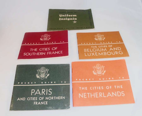 5 WWII Pocket Guides Issued by The War Department Cities of Netherlands, North and Southern France, Belgium and Uniform Insignia